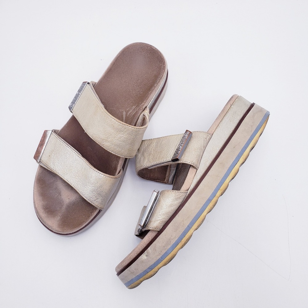 Vionic Brandie Metallic Champagne Leather Platform Slide Sandals Size 7